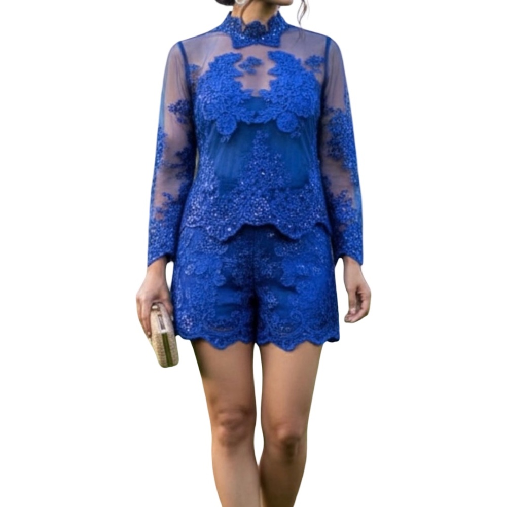 #A030   FT INC Royal Blue Lace Embroidered Sequin Sheer Top – Size XL – New